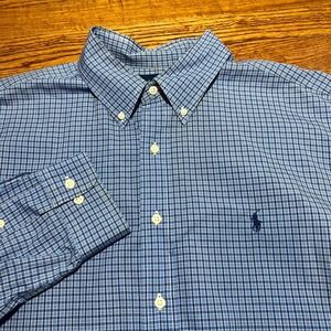 Ralph Lauren Shirt Men 17.5 Blue Plaid Pony Dress Button Down Preppy 100% Cotton